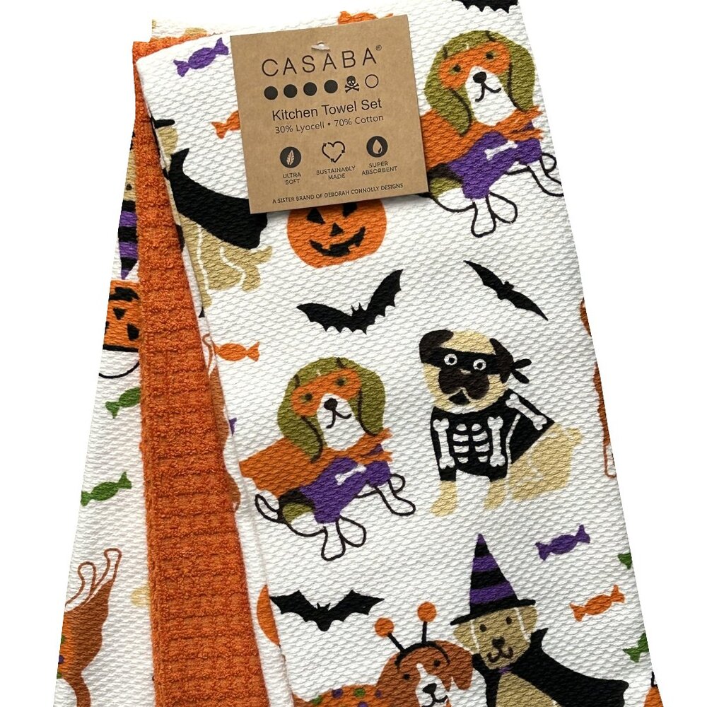 Casaba 3 Pc. Kitchen Towel Set Dogs in Halloween Costumes Bats Pumpkins NWT